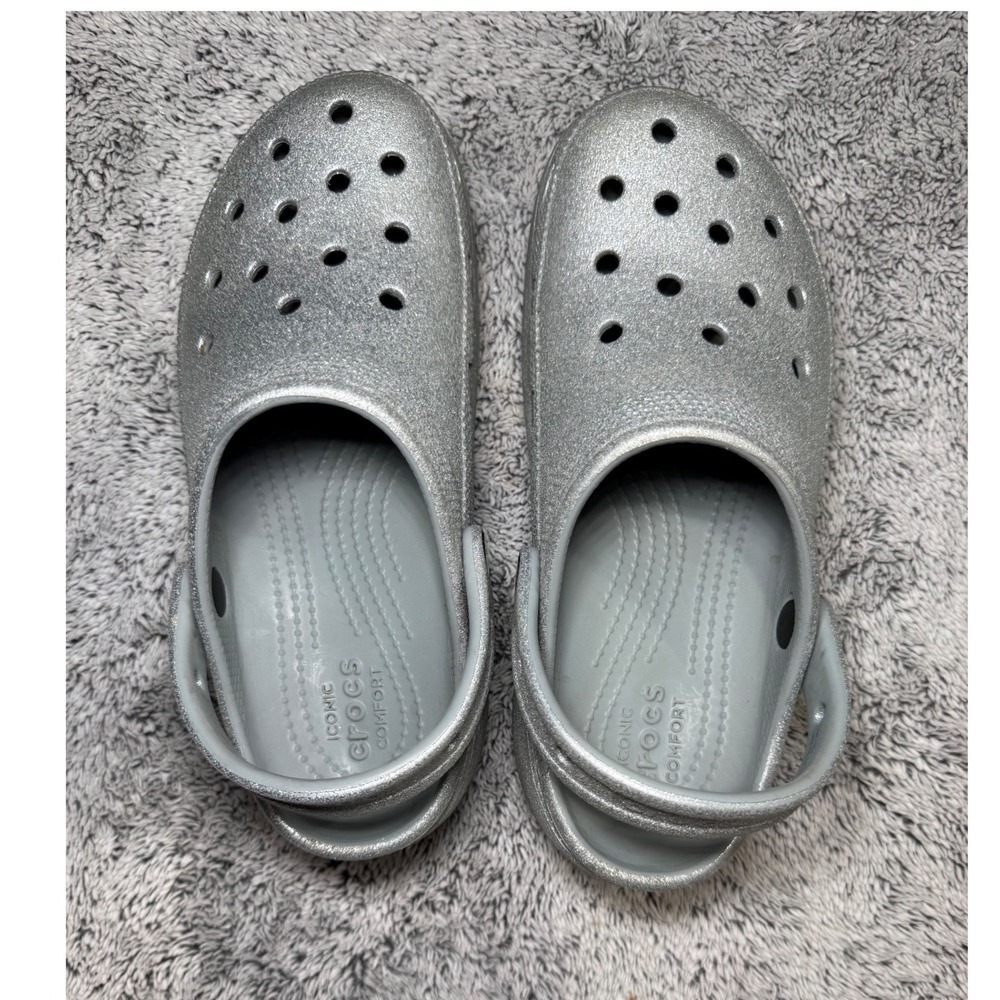 Crocs Classic Platform Clog Glitter Silver Sparkle Womens Size 7 Platform Shoes - Picture 8 of 9